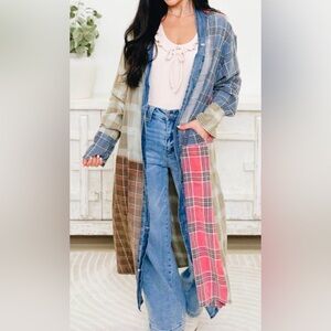 ✨NWT BlueVelvet Plaid Patchwork Long Cardigan Kimono Duster Lightweight